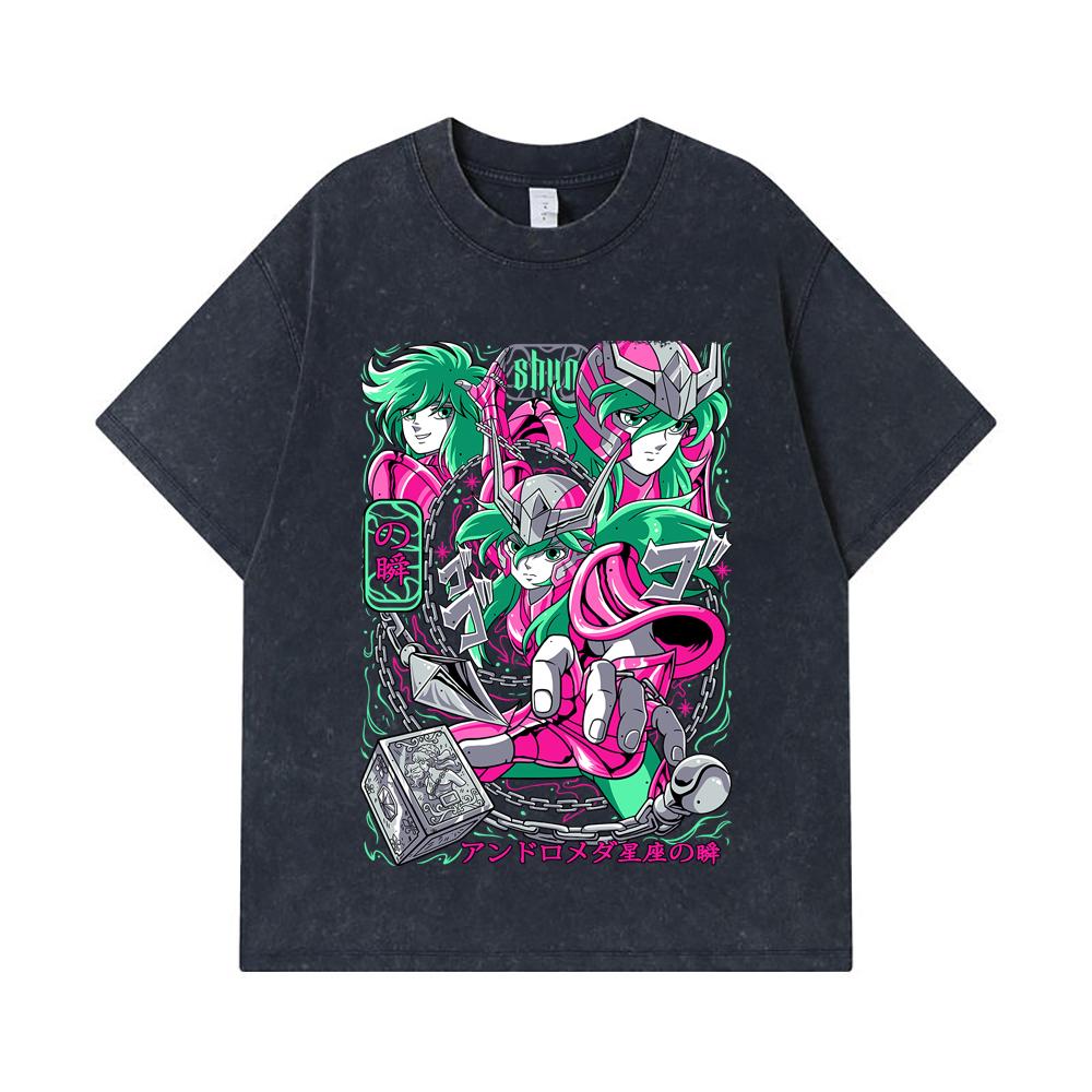 275 GSM Washed T-shirts 100% Cotton Saint Seiya V29 Shun Print Unisex Heavy Cotton T Shirt