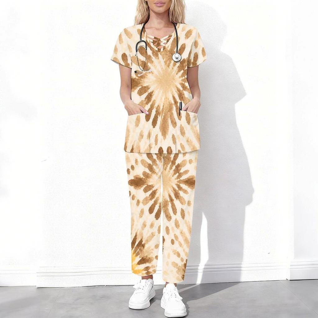 Women Plus Size Beige Brown Printed Scrub Set Cutout V Neck Short Sleeve Top Long Pants With Pockets