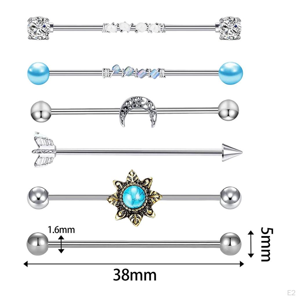 6x Industrial Barbell Earrings Cartilage Body Piercing Jewelry for Birthday Gifts