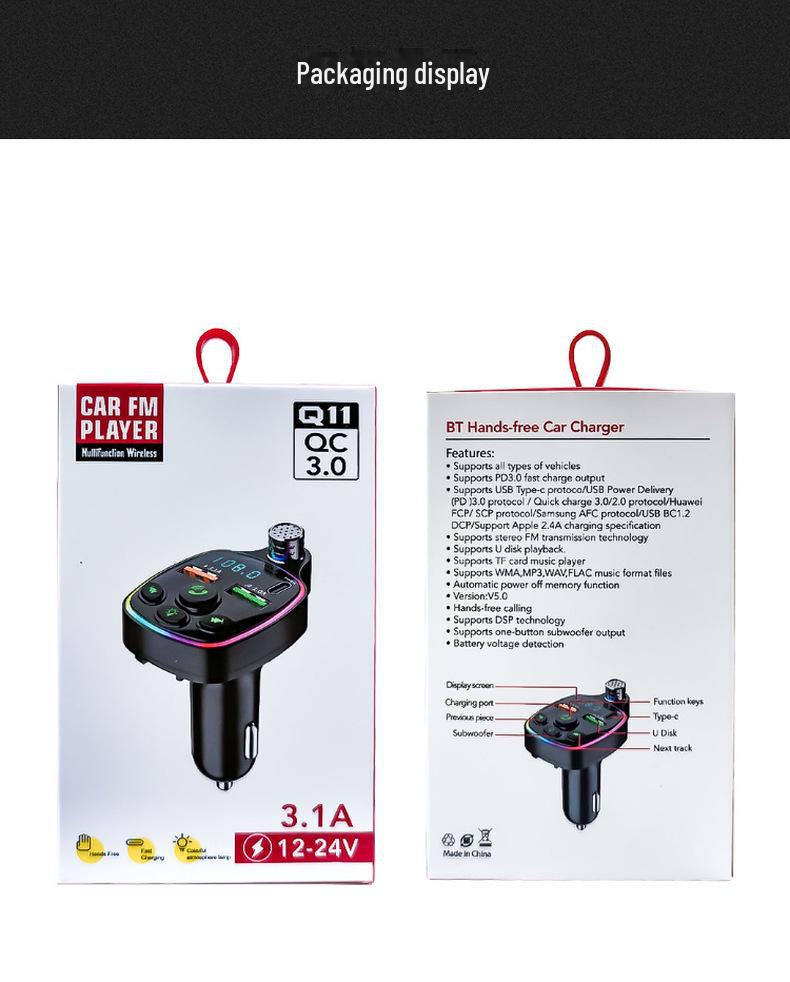 Автомобильное зарядное устройство Q11: Bluetooth MP3-плеер с подсветкой Atmosphere, функцией быстрой зарядки PD Dual Fast Charge и адаптером для прикуривателя