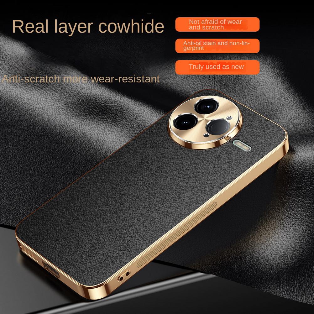 First Layer of Cowhide Lychee Texture Electroplated Frame Case For Poco F7 Ultra F7 Pro POCO X7 Pro F6 Pro F5 Lens Protect Cover