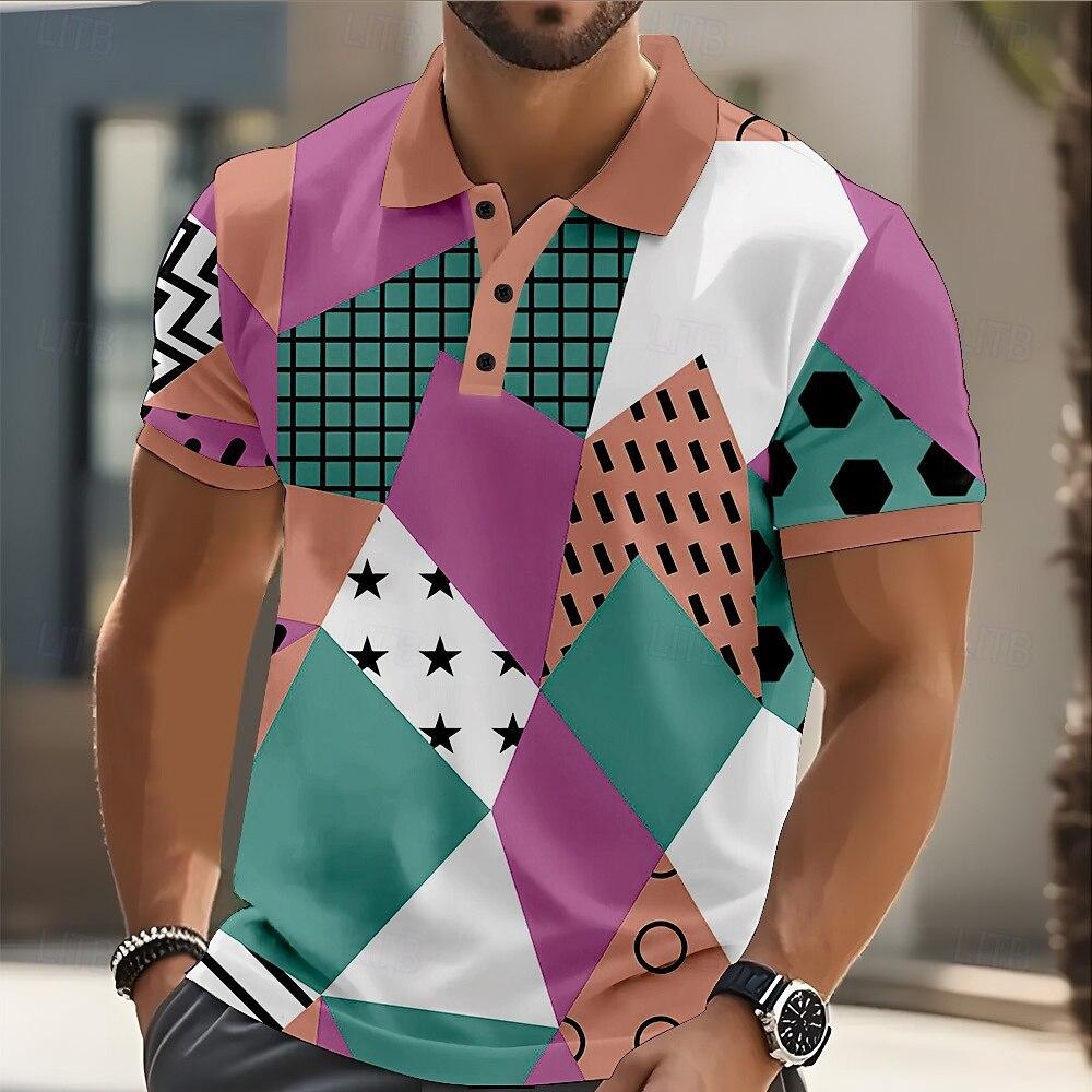 Casual Short-sleeve Polo Shirt, Stylish Geometric Print, Great for Everyday Wear
