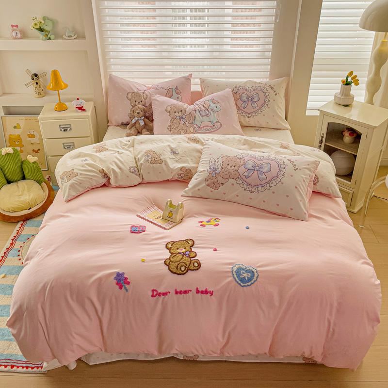 Cute Pink Cartoon Cat Towel Embroidery Girls Kids Bedding Set Soft Washed Cotton Duvet Covers Set Bed Sheet Pillowcases 3/4Pcs