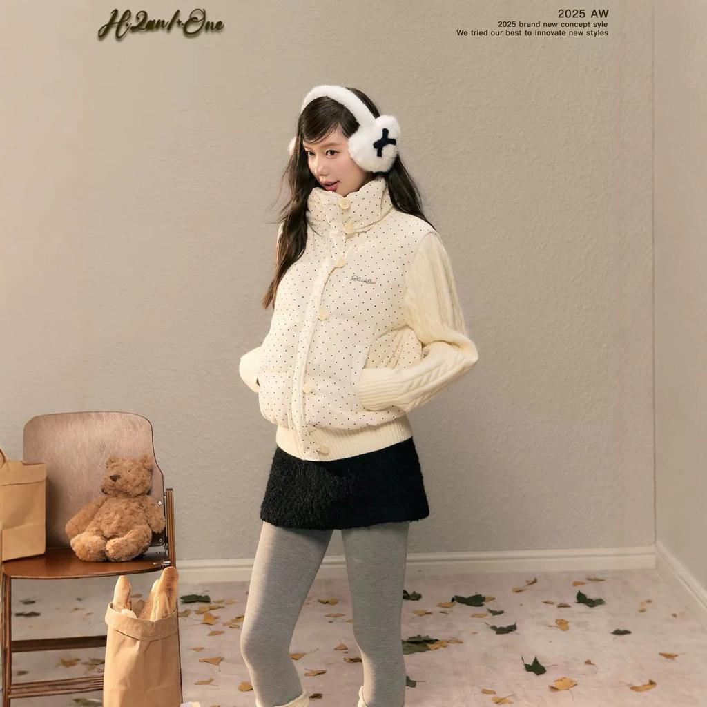 New gentle sweet girl style apricot polka dot splicing knitted cotton-padded jacket with stand-up collar versatile warm schoolgirl cotton-padd
