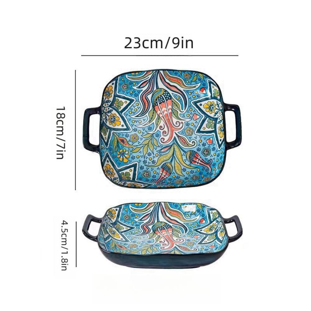 1 Piece of 9-inch Bohemian Style Salad Plate with Double Ear Ceramic Pasta Dish, Can Be Used for Oven, Microwave