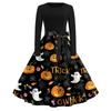Womens Casual Halloween Print Vintage Style Dress Long Sleeve Round Neck A-Line Skirt Midi Length with Ribbon Waist Tie