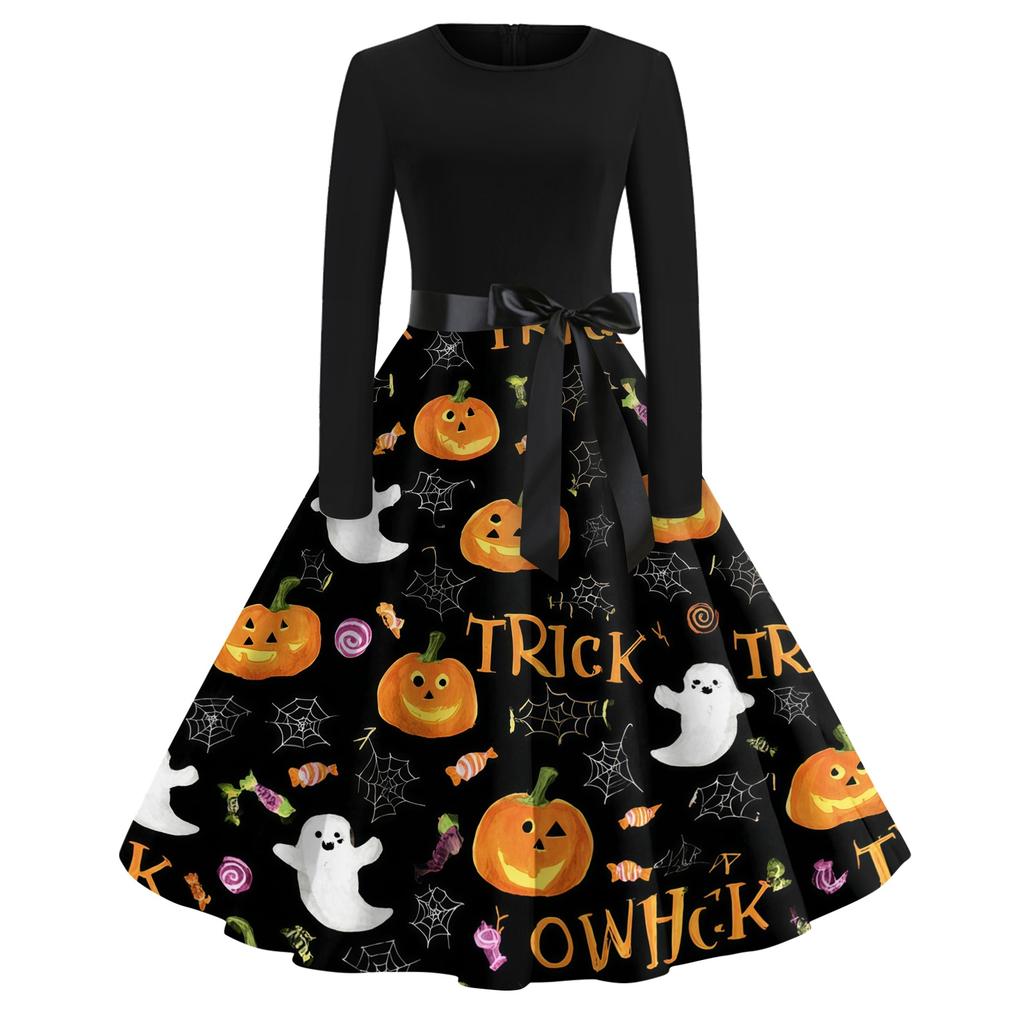 Womens Casual Halloween Print Vintage Style Dress Long Sleeve Round Neck A-Line Skirt Midi Length with Ribbon Waist Tie