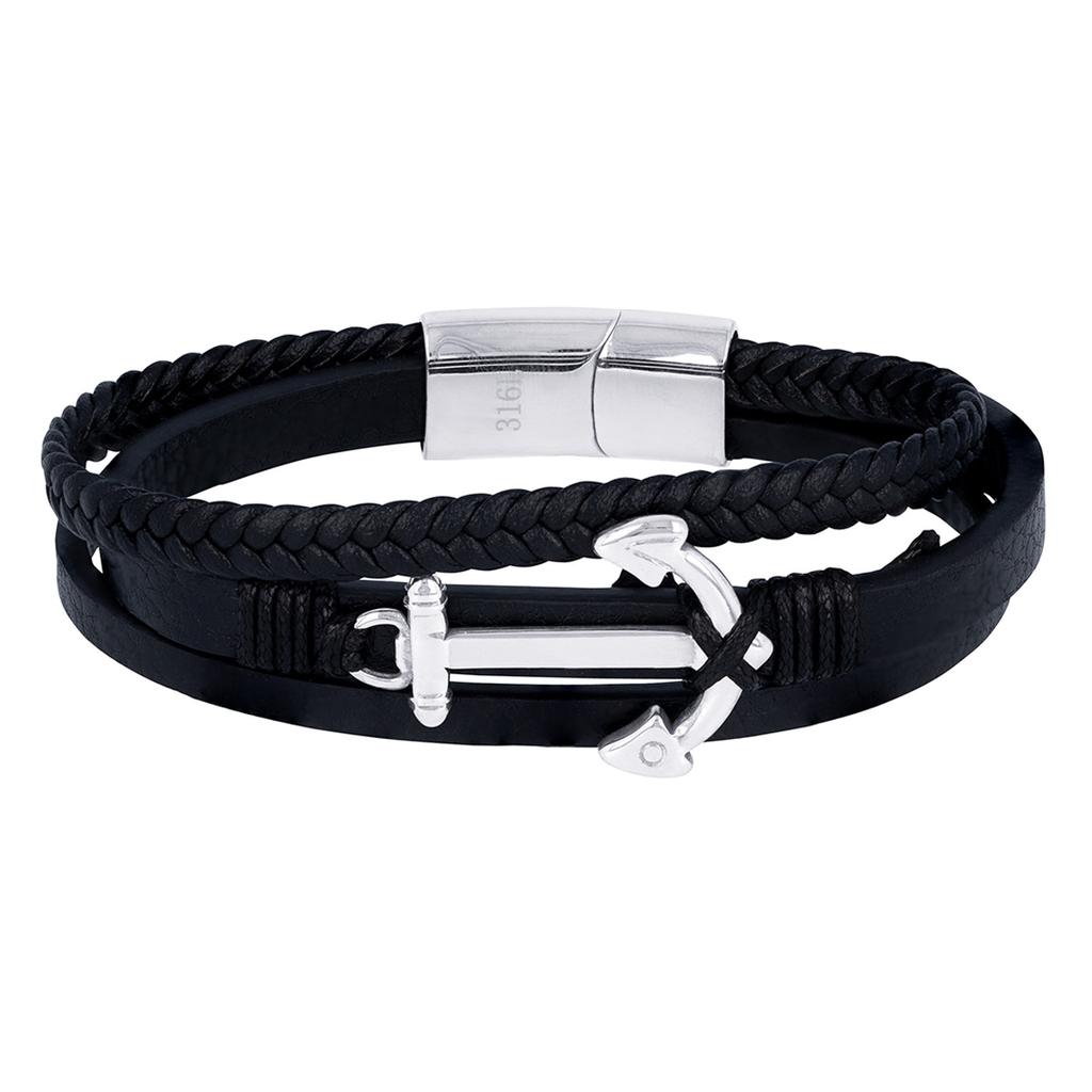 Les Trésors De Lily [R7438] - Black Silver 'Ancre Marine' Steel Leather Bracelet - 21 Cm - 35x25 Mm