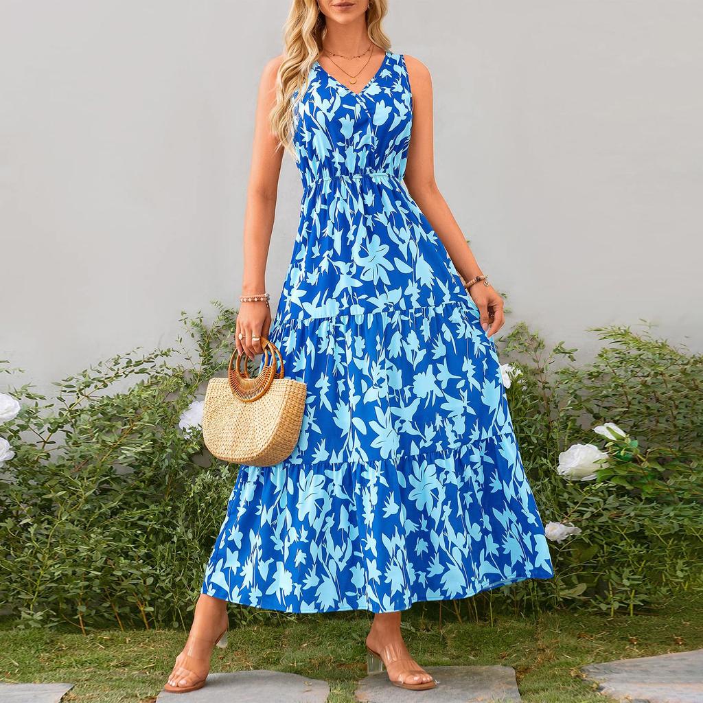 Женские струящиеся платья Женские летние платья Повседневные длинные платья без рукавов Милые длинные платья с цветочным принтом