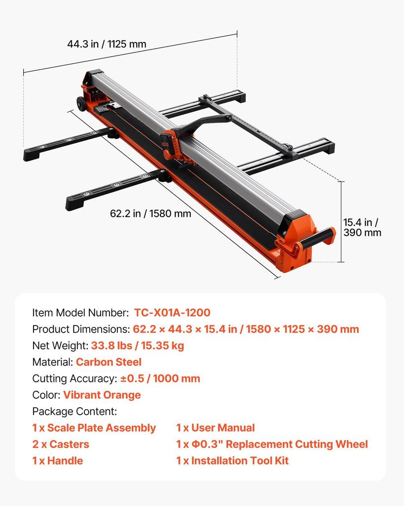 1200 mm Manual Tile Cutter, Upgraded Rail and Sliding Head, Precision Alignment Guide, Tungsten Carbide Cutting Wheel, Support Legs with Swivel