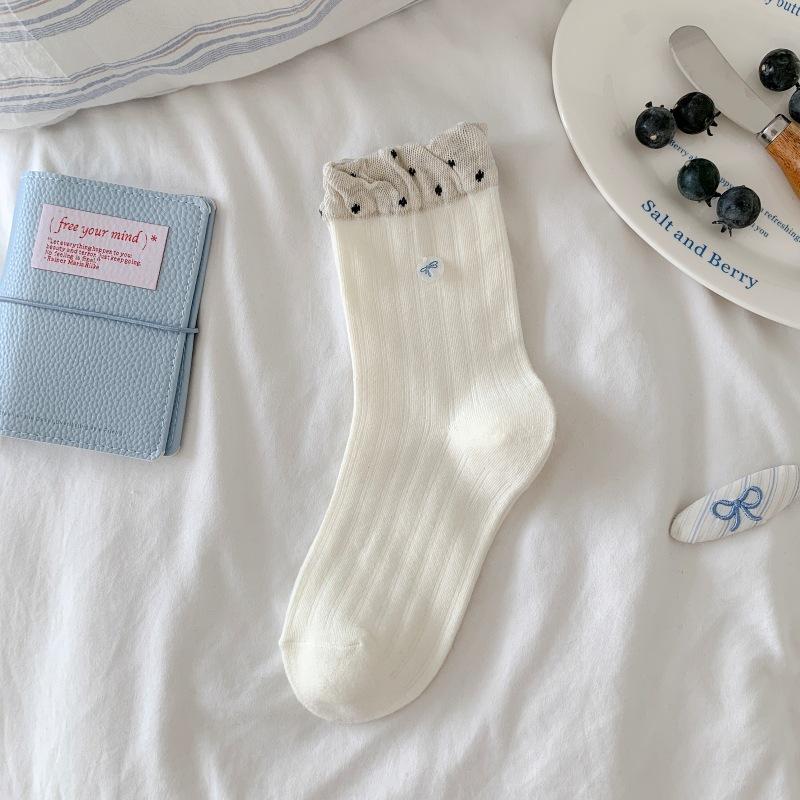 Радужные тканевые этикетки, ракушка, бант, носки в горошек для женщин, серые и синие полосатые, черные носки до середины икры с отделкой ушками