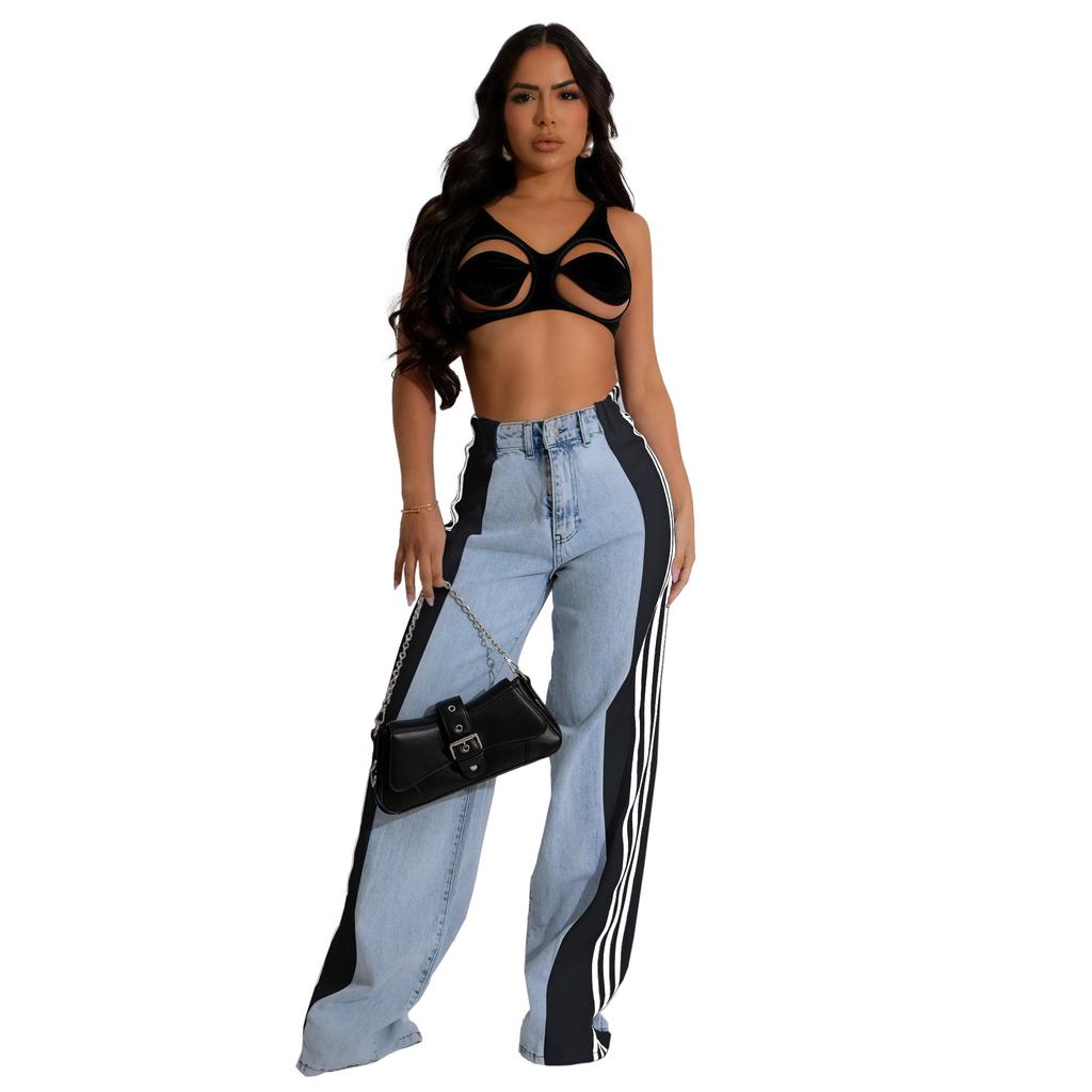 Новые женские джинсы с широкими штанинами в стиле пэчворк с тремя полосками, модные джинсовые брюки прямого кроя со стрейчем для повседневной носки