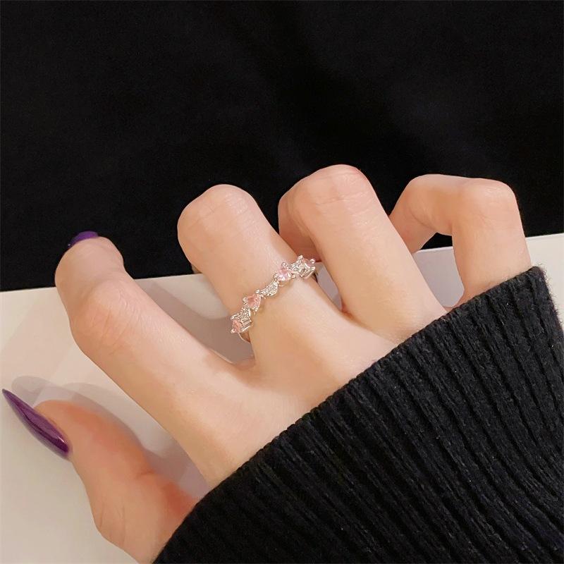 Pink Girl Love Bow Open Ring Niche Light Luxury High Sense Inlaid Zircon Simple Colored Jewelry Women