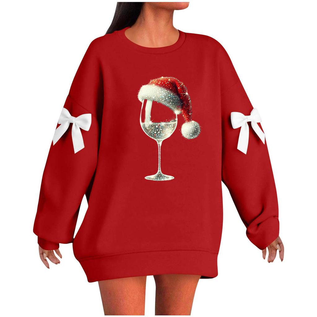 Ladies' Christmas Printed Bow Round Neck Long Sleeved Loose Pullover Sweater Sweatshirt Top