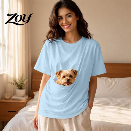 Loose Fit T-shirt Women Pet Pouch T-Shirt, Dog Cat Carrier Short Sleeve Shirt for Breathable Tee Summer, Casual Crew Neck Top with Large Pocket