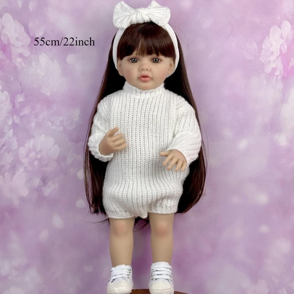 Кукла-реборн BZDOLL 55 см (22 дюйма) с полностью виниловым телом, девочка, в нарядном платье, с длинными каштановыми волосами, принцесса, малышка, прекрасный подарок на день рождения, игрушка ручной работы.