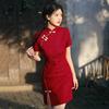 Lace Red Cheongsam Dress Short Style Modern Chinese Inspired Womens Mini Qipao With Stand Collar