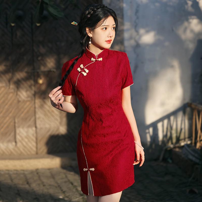 Lace Red Cheongsam Dress Short Style Modern Chinese Inspired Womens Mini Qipao With Stand Collar
