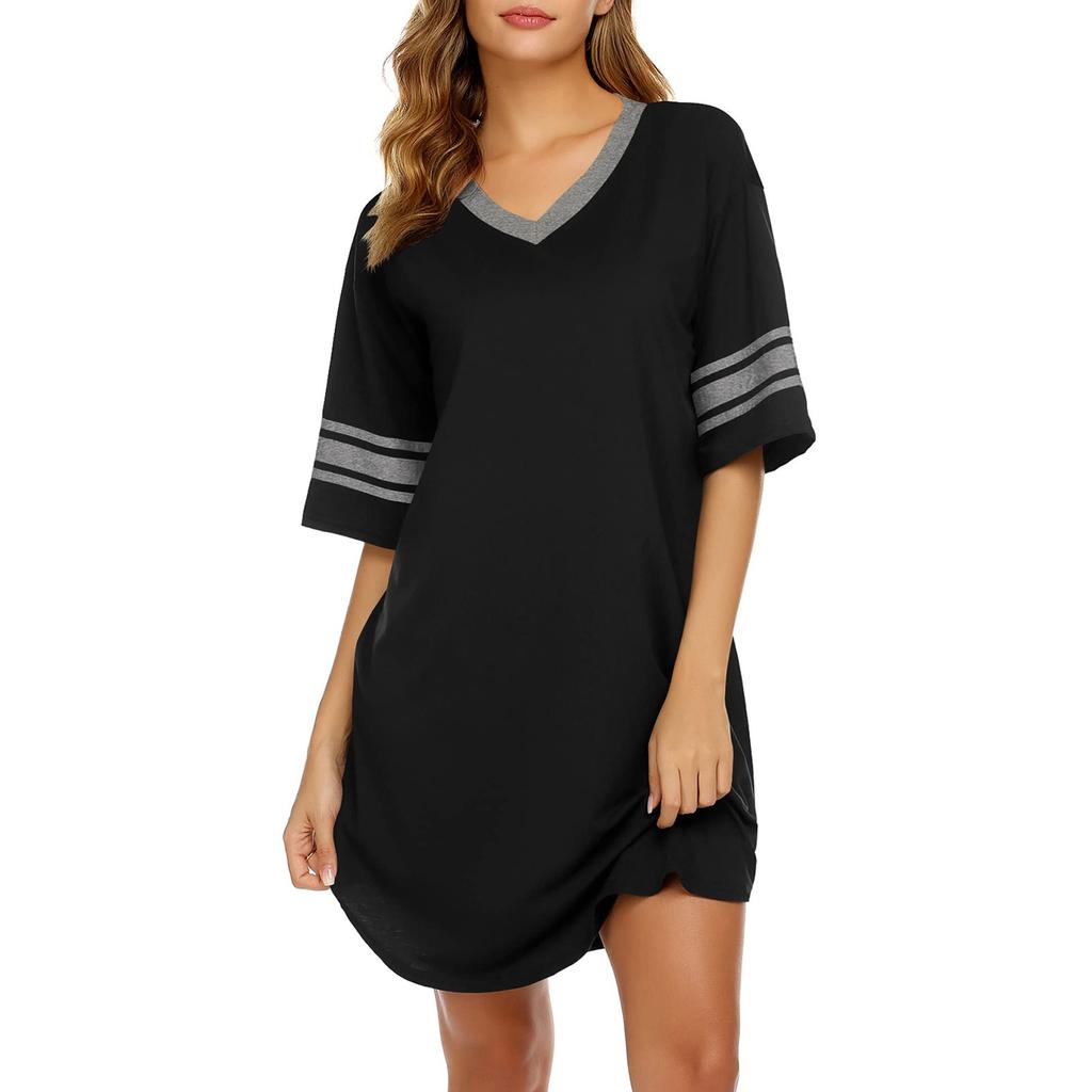 Women's Nightgown Cotton Sleep Shirt V Neck Short Sleeve Loose Comfy Pajama Sleepwear