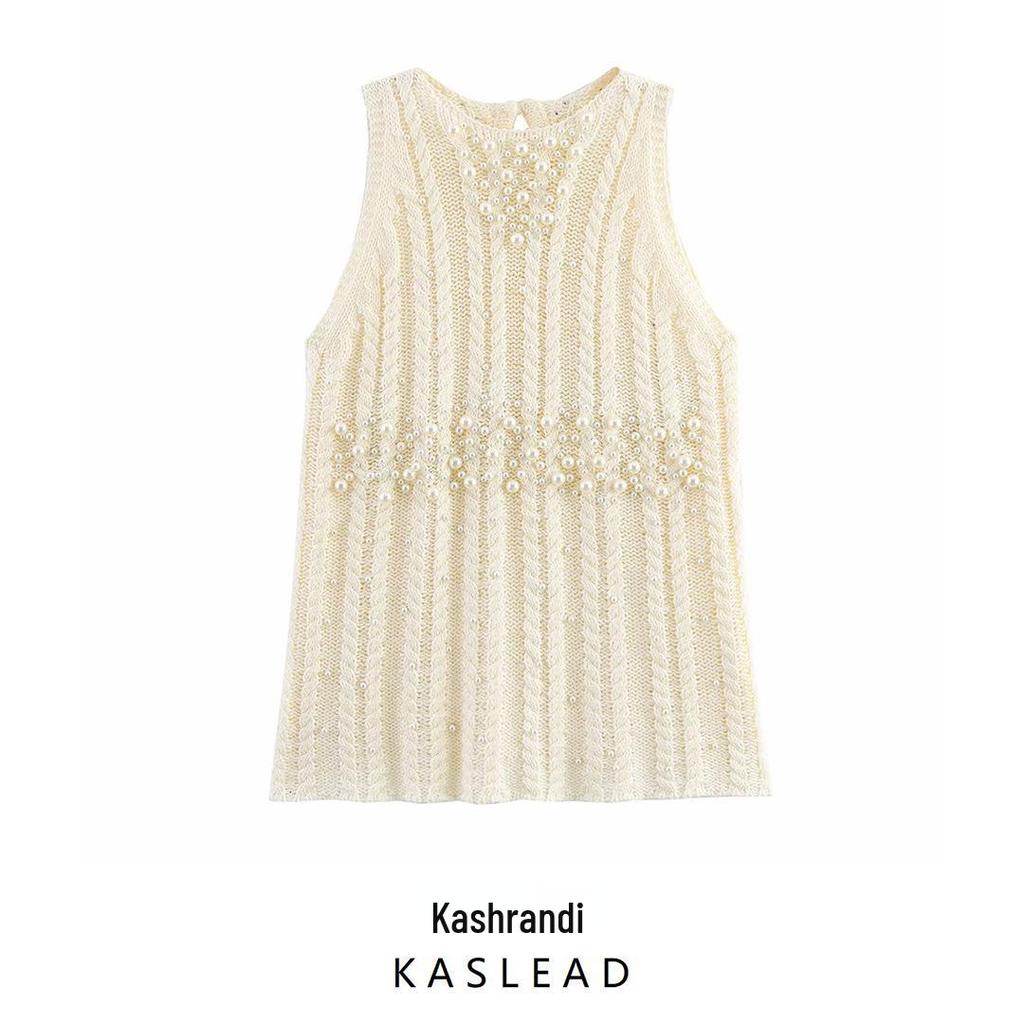 Spring 2025 Women's European & American Style Faux Pearl Round Neck Loose Knit Top