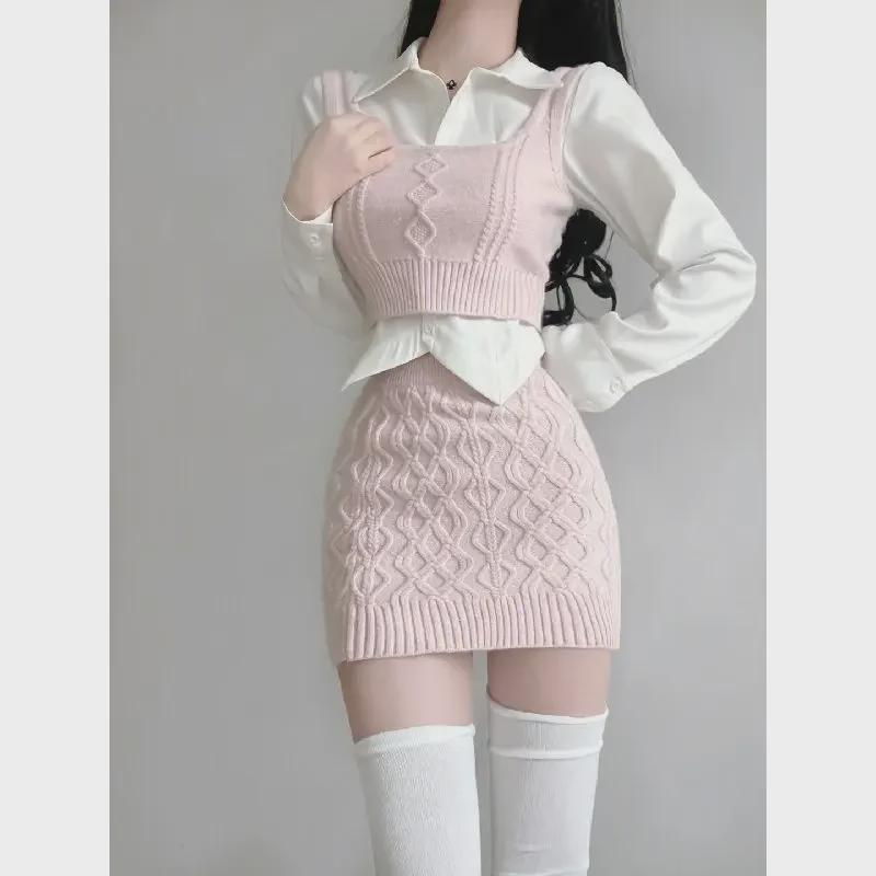 Women's Korean-Style Three-Piece Suit: Layered Sweater Vest + Hip Skirt Spring Outfit