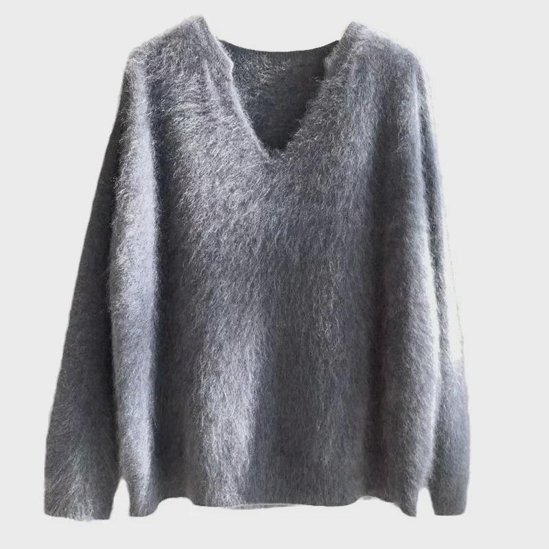 Женский свитер из желтого мохера Goose Mohair на осень и зиму - мягкий, высококачественный флис норки, уютный ленивый стиль