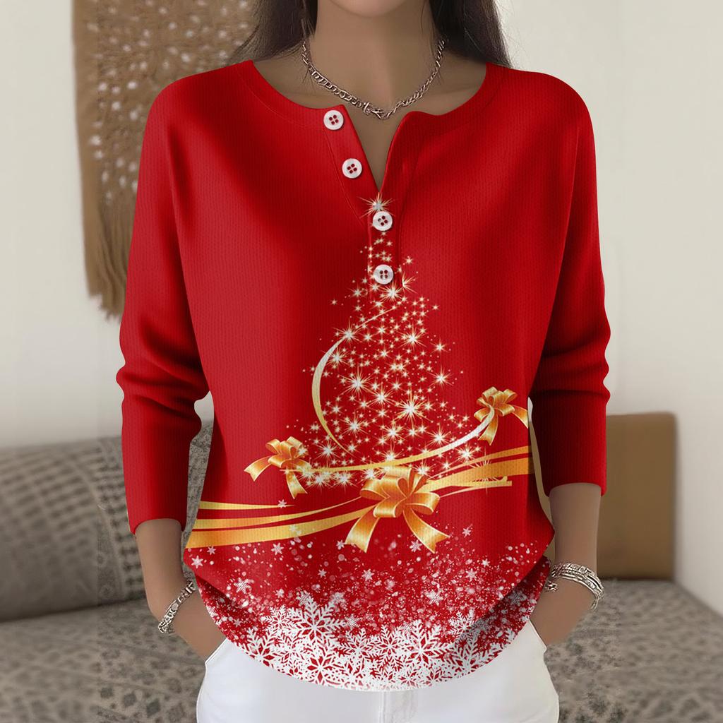 Женская мода Топ с длинным рукавом и рождественским принтом в виде снежинок Элегантный повседневный топ