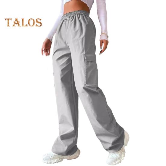 Женские брюки-карго с эластичной талией, широкие однотонные брюки, повседневные спортивные штаны с боковым карманом-клапаном