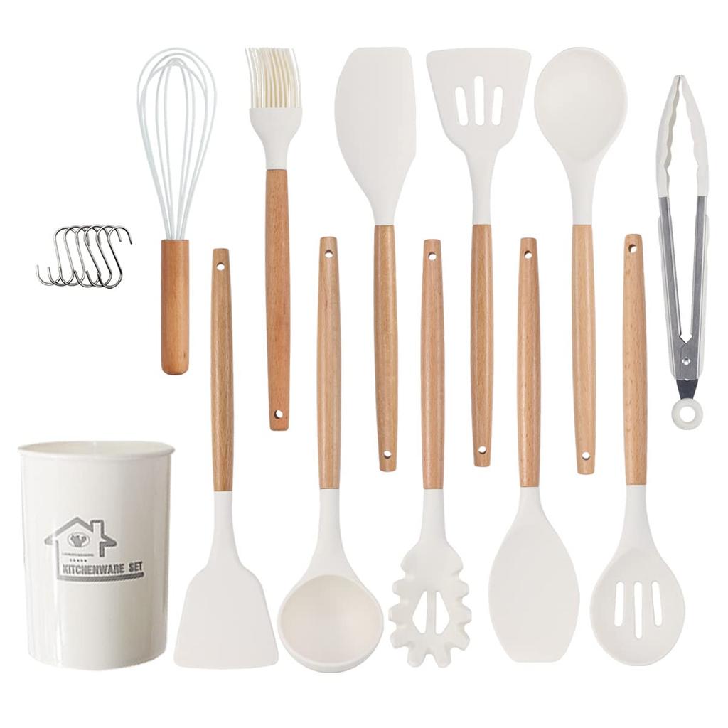 Hiino Kano kitchen tool set cooking utensils 13 pieces 14 heat-resistant silicone wooden handle gentle on pots dishwasher safe spatula ladle
