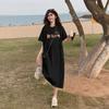 A New Spring Style Korean-style Letter Print T-shirt Dress for Women, Featuring A Laid-back and Loose Mid-length Split Skirt