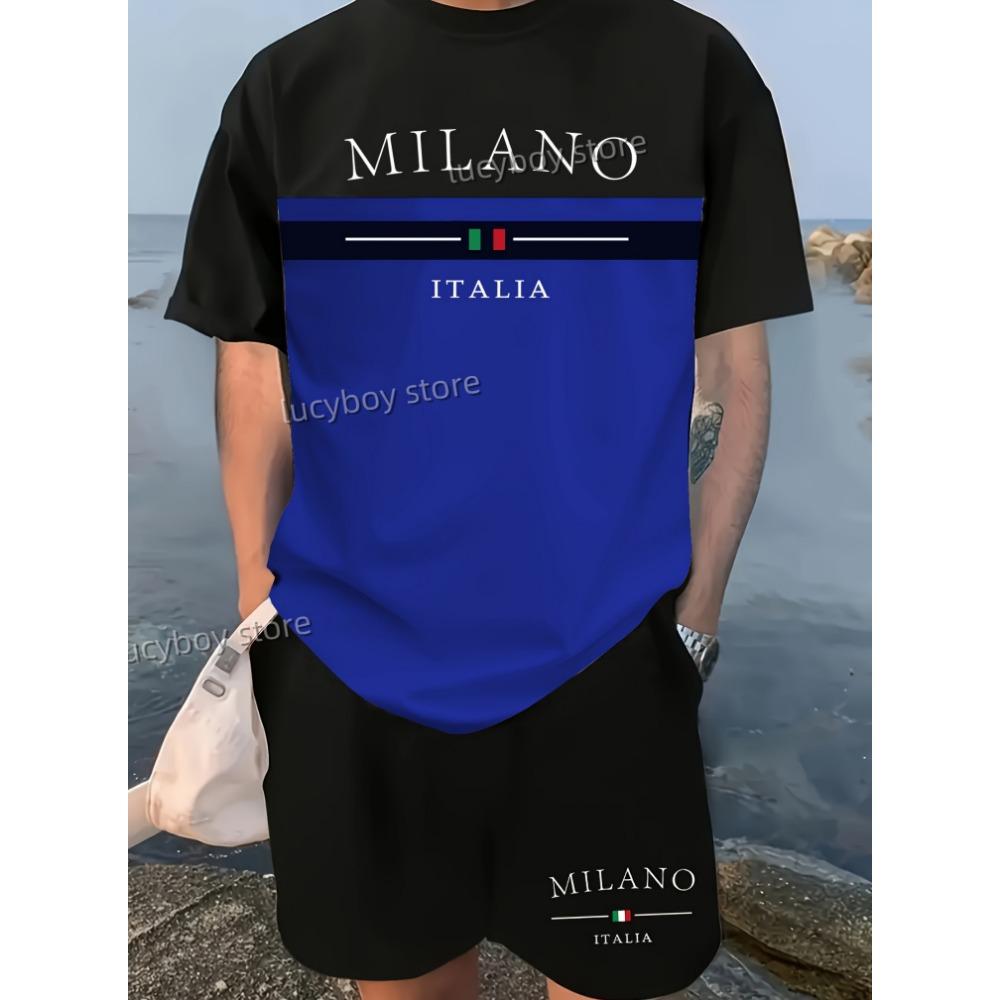 MILANO ITALIA Напечатанный Спортивный Костюм Футболка+Шорты Мужской Мужской Роскошный Тренировочный Костюм Комплект Одежды Бег Тренировочный Костюм Комплект из 2 Предметов Одежда