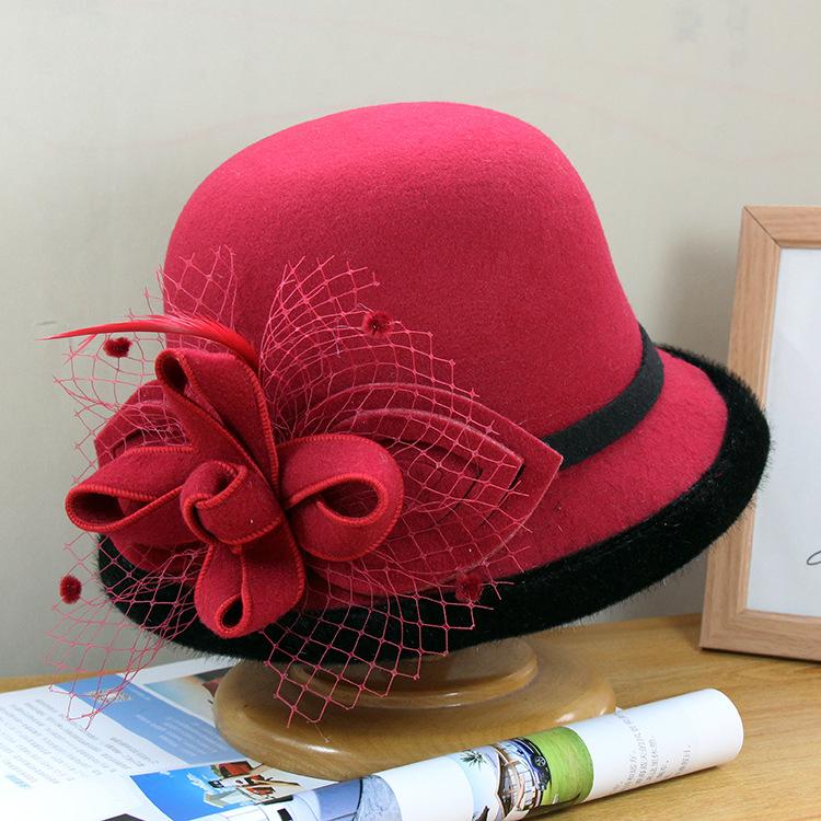 New British top hat women's autumn and winter woolen mesh leaf flower pot hat socialite retro felt hat