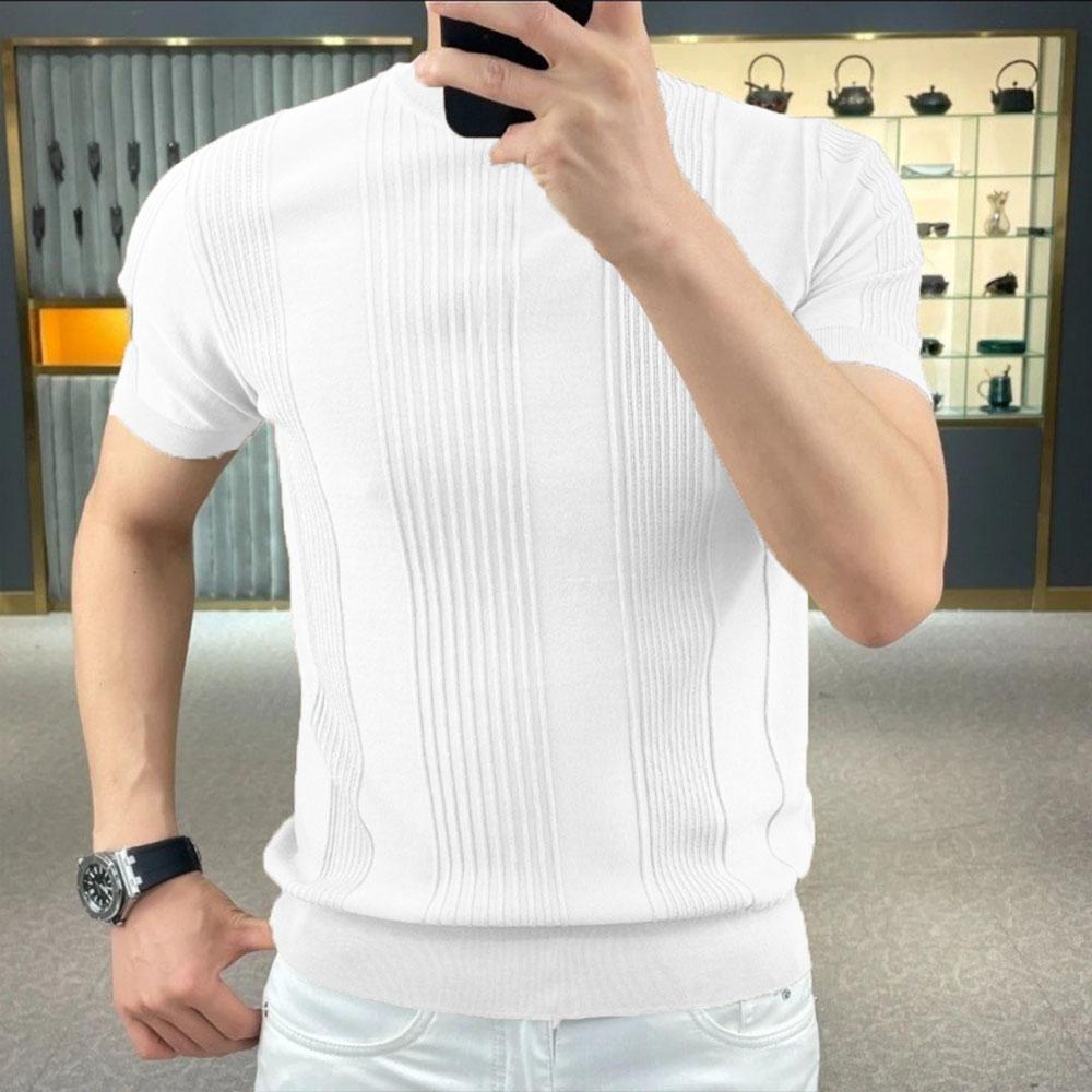 Summer Men's Texture Striped Knit T-shirt Round Neck Solid Color Casual Shirt Half Sleeve Stretchable