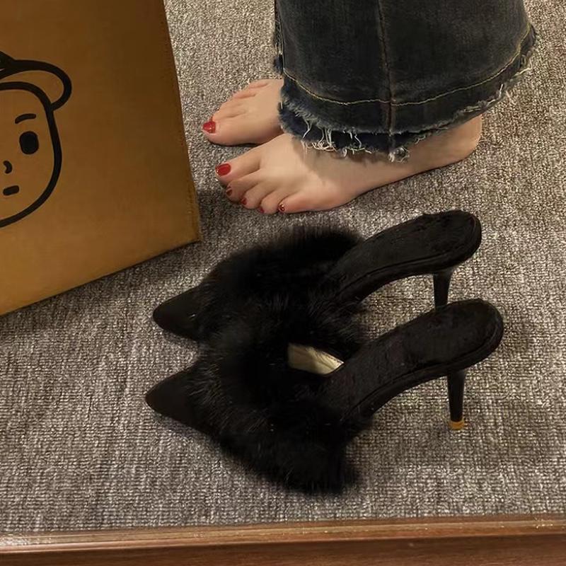 Модные мюли на высоком каблуке с мехом, женские элегантные меховые тапочки с острым носком, женские роскошные плюшевые туфли-лодочки для вечерней вечеринки