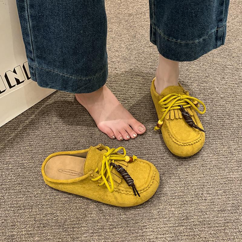 Fashion Retro Suede Fabric Slippers Women's Summer Beaded Casual Flat Shoes 2025 New Thick Slip on Mueller Slides Female Daily Loafers