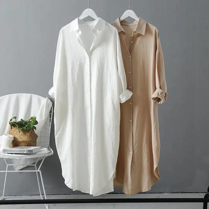 Plus Size Women's Cotton Linen Long Sleeve White Shirt Spring Autumn Loose Casual Mid-Length Shirt Dress Robe Femme
