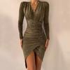 2022 Cross-border Women's Sexy V-neck Solid Color Bronzing Sequins Pleated Irregular Hem Dress Dress Skirt