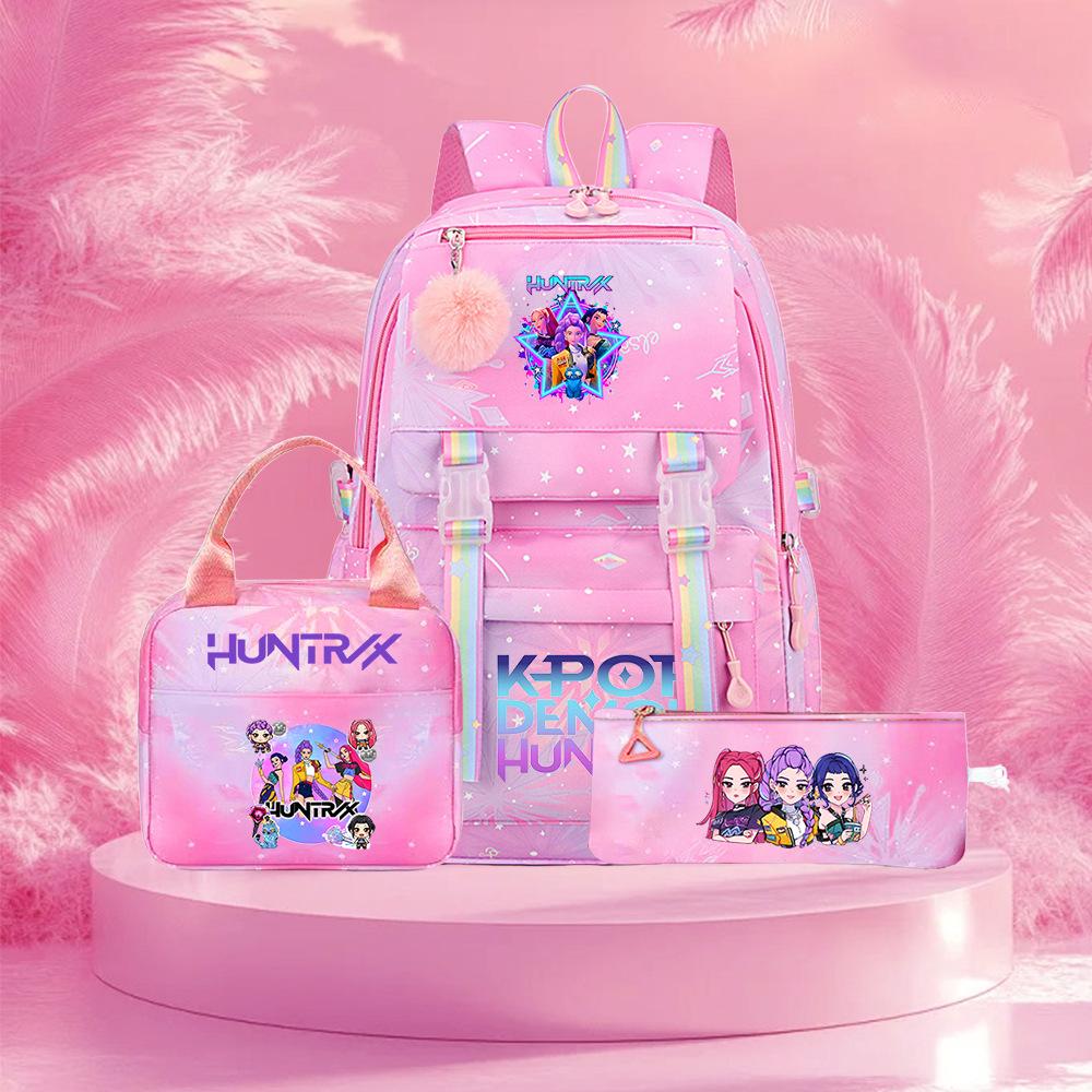 Kpop Demon Hunter Girl Troupe Elementary School Bag Three-Piece Set Lightweight Burden Reduction High School Girls School Bag Large Capacity Backpack