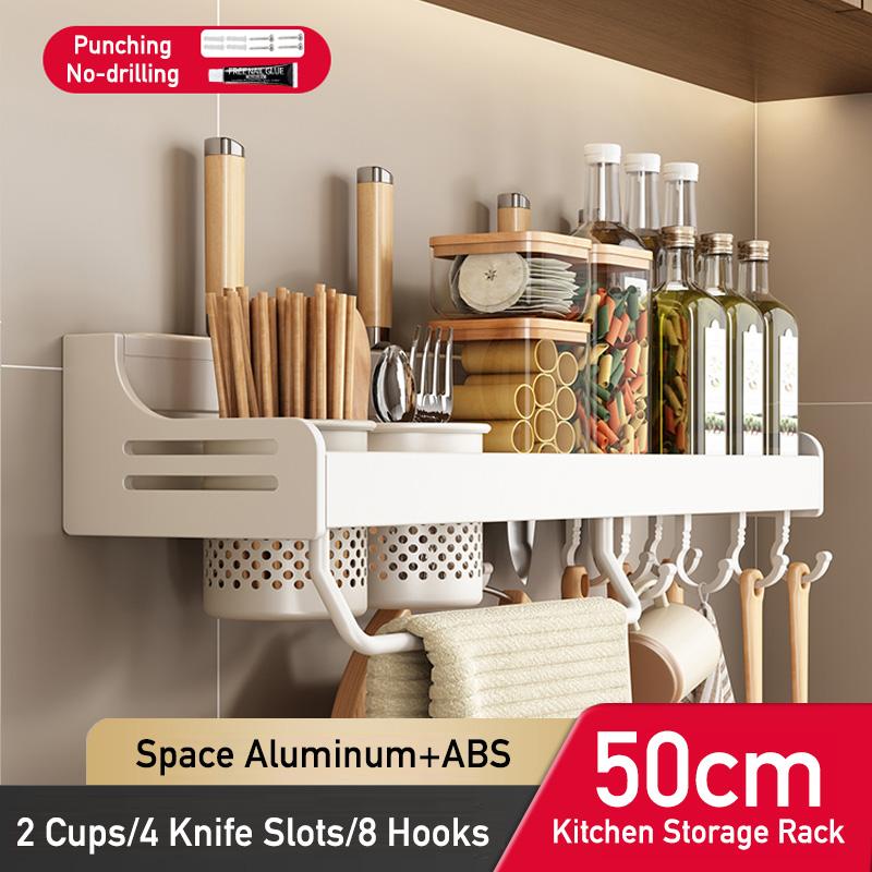 Kitchen Organizer Shelf Wall Mounted Spice Rack Seasoning Holder Dishcloth Towel Rack Knife Spoon Fork Shovel Storage Shelves