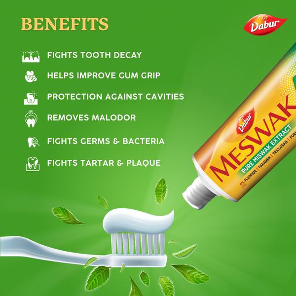Dabur Зубная паста Meswak Complete Oral Care 500 г | Травяная зубная паста без фтора с экстрактом мисвака для крепких зубов и здоровых десен