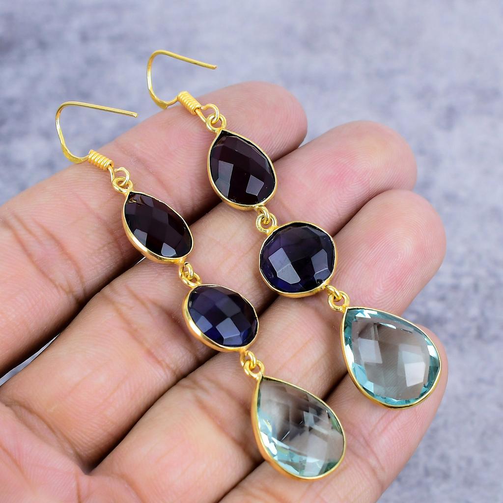 Blue Topaz, Amethyst Gemstone 925 Sterling Silver Jewelry Earring 2.99" M-2654