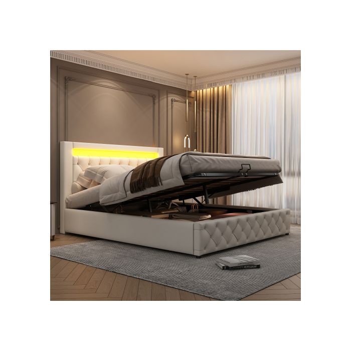 Мягкая кровать - MUVOE - 140 x 200 см - Светодиодная подсветка - Встроенное хранилище - Белый