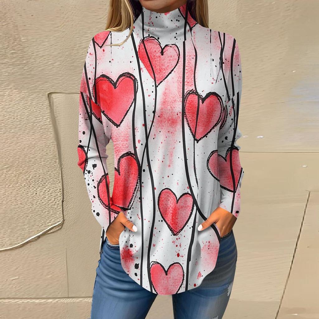 Футболки для женщин, осенние повседневные рубашки с длинным рукавом, толстовка с принтом, топ с высоким воротом, пуловер