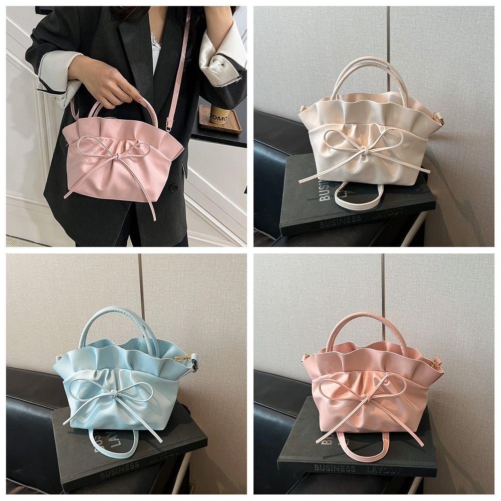 Sweet Bowknot Crossbody Bag Large Capacity French Handbag Portable PU Leather Shoulder Bag Daily