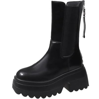 Мода PU кожа женская осенняя обувь увеличивающие рост сапоги до середины икры женские 2024 осень мода без застежек женские сапоги женская обувь