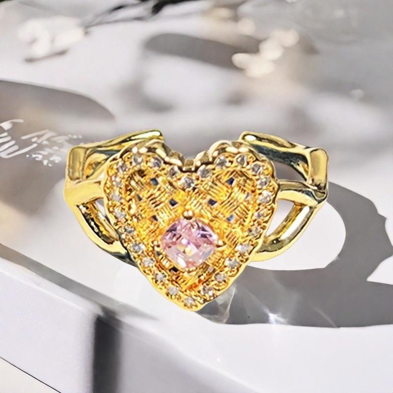 Милое Девушка Сердце Розовый Любовь Циркон Корона Открытое Кольцо Нишевый Дизайн Легкая Роскошь Высокое Чувство Модное Кольцо
