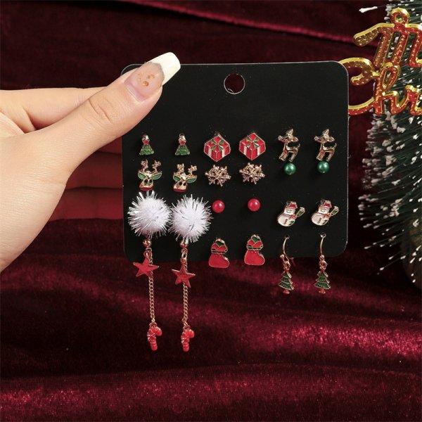 12 Pairs Christmas Enamel Santa Claus Snowflake Earrings Set for Women Zircon Christmas mas Tree Earring Party Jewelry Gift