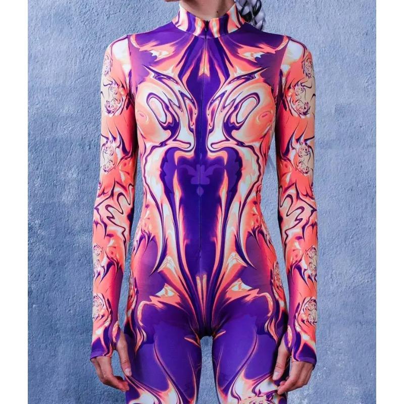 Women 3D Digital Printing Halloween Cosplay Tights Jumpsuit Adult One-piece Carnival Party Stage Show Dance Costume Outfit