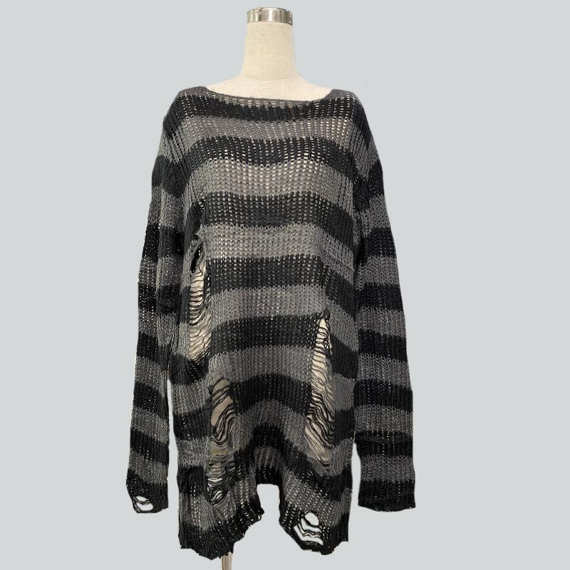 Women Gothic Punk Plus Size Long Sweaters Striped Character Cool Hollow Out Hole Broken Jumpers Pullover Knit Sweater