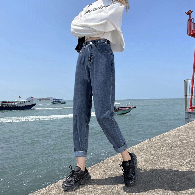 Large size waist adjustable dad jeans women's new high waist slim straight loose versatile Harlan radish pants